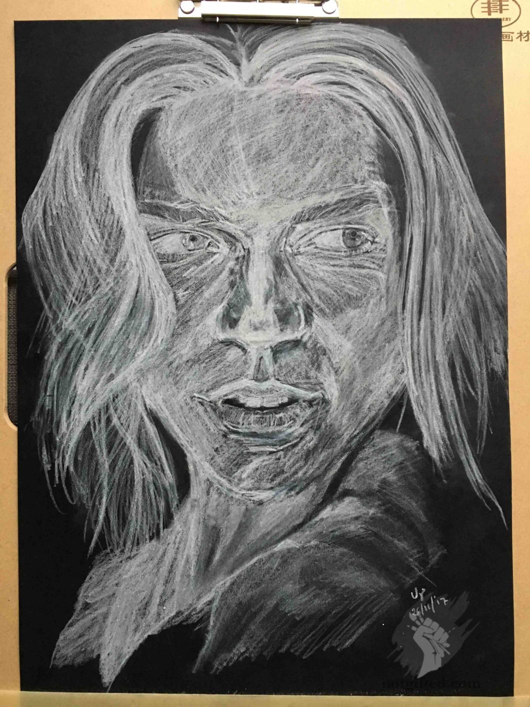 Blonde girl - white on black paper drawing